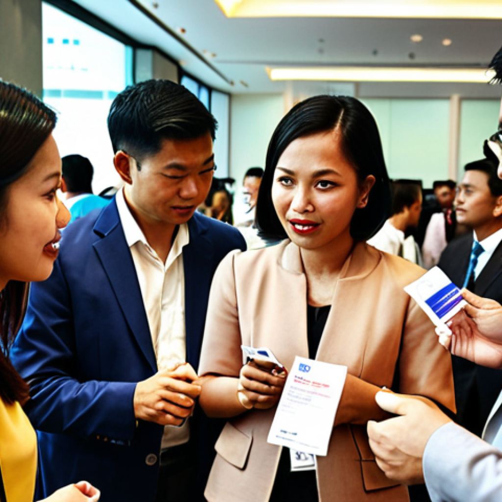 **A bustling translation conference in Kuala Lumpur. Diverse group of people networking, exchanging business cards. Modern architecture and Malaysian decorations in the background.** (Focus: Highlights the importance of translation conferences for career development and building a professional network.)