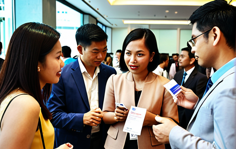 **A bustling translation conference in Kuala Lumpur. Diverse group of people networking, exchanging business cards. Modern architecture and Malaysian decorations in the background.** (Focus: Highlights the importance of translation conferences for career development and building a professional network.)