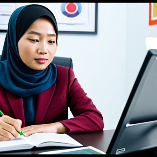 Home 6 A professional Malaysian woman, fully clothed in modest business attire, is seated thoughtfully at a modern study desk. She holds a book on translation studies, with a digital tablet displaying language learning resources beside her. A framed certificate, subtly referencing a professional body like "Persatuan Penterjemah Malaysia (PPM)", is visible in the background. The scene is well-lit, conveying a sense of dedication and learning, perfect anatomy, correct proportions, natural pose, well-formed hands, proper finger count, natural body proportions, safe for work, appropriate content, fully clothed, professional.