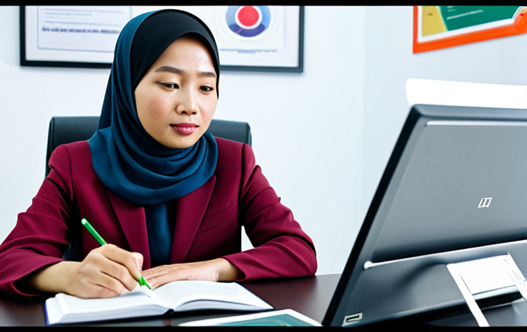 A professional Malaysian woman, fully clothed in modest business attire, is seated thoughtfully at a modern study desk. She holds a book on translation studies, with a digital tablet displaying language learning resources beside her. A framed certificate, subtly referencing a professional body like "Persatuan Penterjemah Malaysia (PPM)", is visible in the background. The scene is well-lit, conveying a sense of dedication and learning, perfect anatomy, correct proportions, natural pose, well-formed hands, proper finger count, natural body proportions, safe for work, appropriate content, fully clothed, professional.