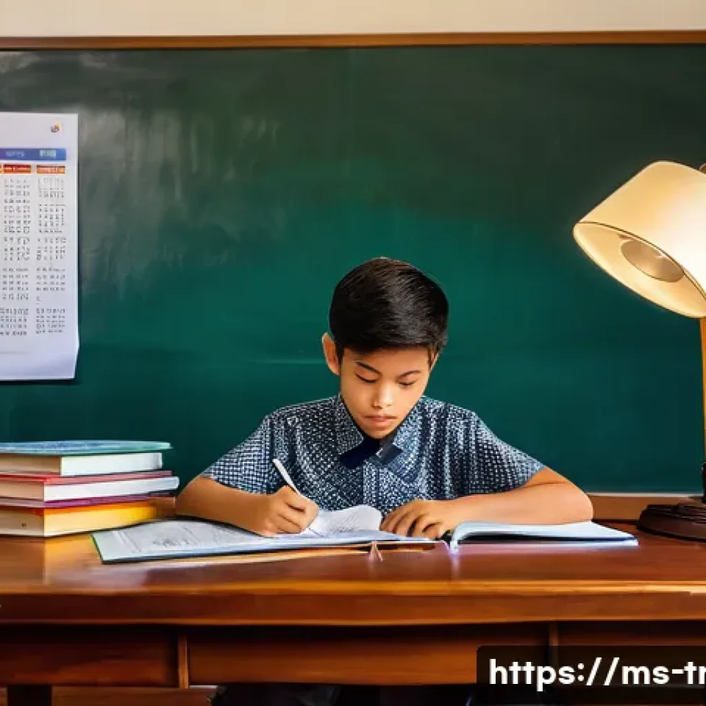 통역사 필기시험 대비 모의고사 - A focused young Malay student in a neat school uniform sitting at a wooden desk in a cozy study room...