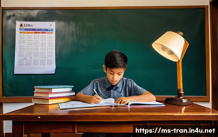 통역사 필기시험 대비 모의고사 - A focused young Malay student in a neat school uniform sitting at a wooden desk in a cozy study room...