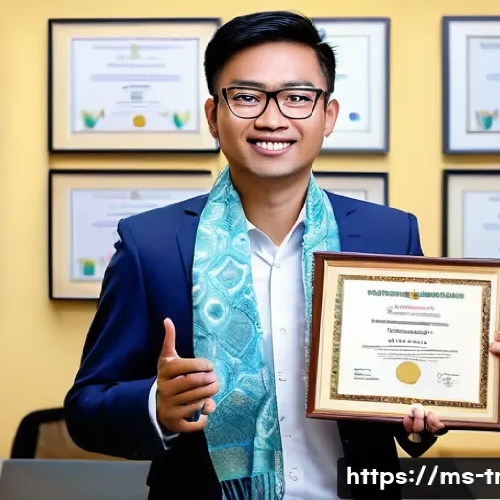 통역사 자격증 취득 방법 - A professional Malaysian translator in a modern office setting, holding a certified interpreter cert...