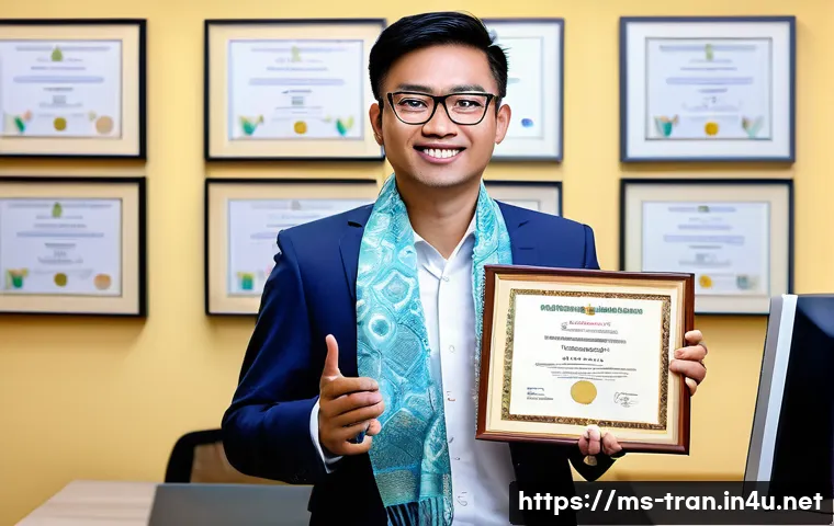 통역사 자격증 취득 방법 - A professional Malaysian translator in a modern office setting, holding a certified interpreter cert...