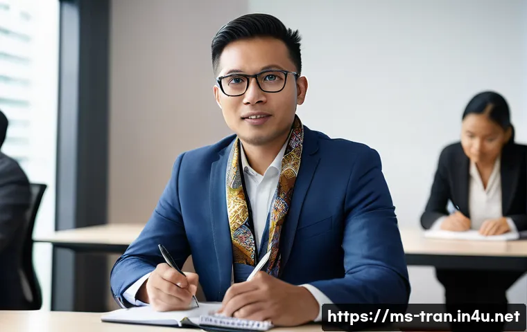통역사 해외연수 프로그램 - A professional language interpreter attending a multicultural business meeting in a modern Malaysian...