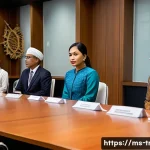 통역사로서 국제 협약에 참여한 사례 - A professional international negotiation scene set in a modern conference room in Southeast Asia, fe...