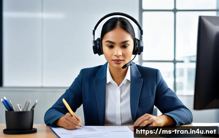 통역사로 성공하는 방법 - A professional Malay interpreter in a modern office setting, attentively listening with high-quality...
