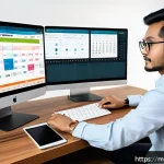 통역사 업무에 필요한 기술적 장비 - A modern translation workspace featuring a professional Malay translator seated at a sleek desk with...