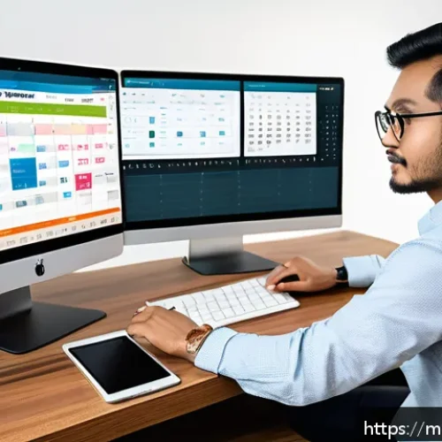 통역사 업무에 필요한 기술적 장비 - A modern translation workspace featuring a professional Malay translator seated at a sleek desk with...