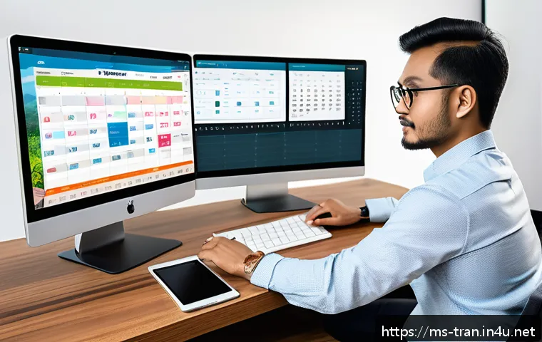 통역사 업무에 필요한 기술적 장비 - A modern translation workspace featuring a professional Malay translator seated at a sleek desk with...