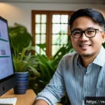 통역사로 성장하는 과정 기록 - A professional Malaysian translator working in a modern home office environment, surrounded by multi...