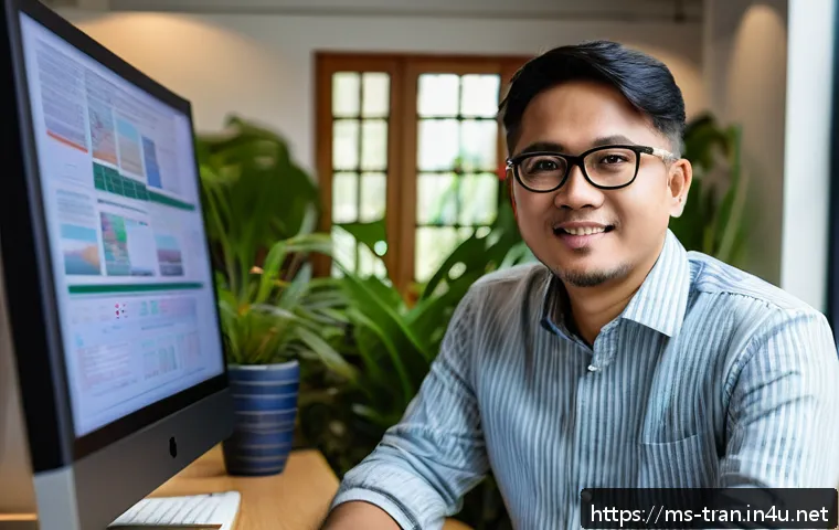 통역사로 성장하는 과정 기록 - A professional Malaysian translator working in a modern home office environment, surrounded by multi...