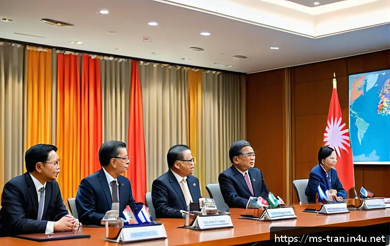 통역사로서 국제 이슈를 이해하는 법 - A sophisticated conference room scene depicting ASEAN diplomats from diverse Southeast Asian countri...
