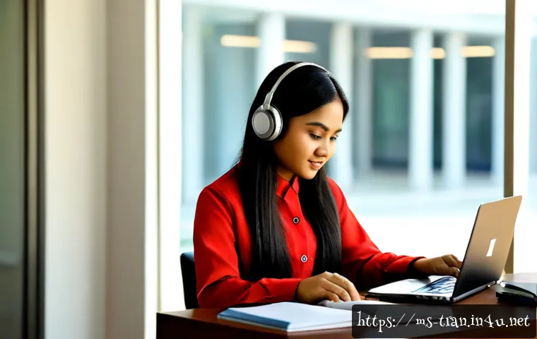 Home 17 통역사 준비생을 위한 팁 - Photorealistic aspiring interpreter in a bright Kuala Lumpur study room, young Malaysian adult weari...